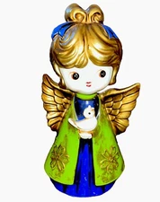 Vintage Holt Howard painted chalkware angel w/ bird Green Blue 7.5” Christmas