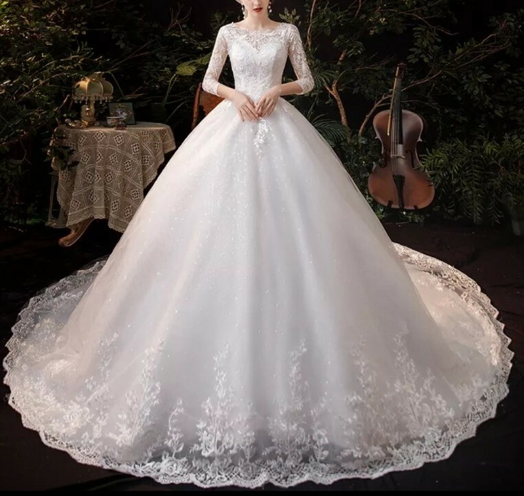 New Plus Size White 3/4 Sleeve Sequins Tulle Lace A Line Wedding