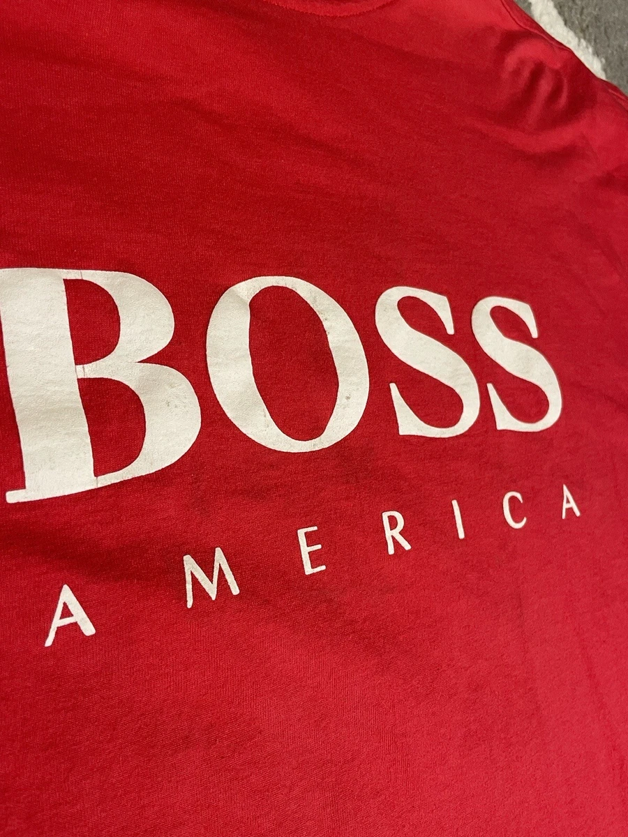 Vintage 90s Hugo Boss America Shirt Big Logo Spellout Purple Hip Hop Rap L  USA