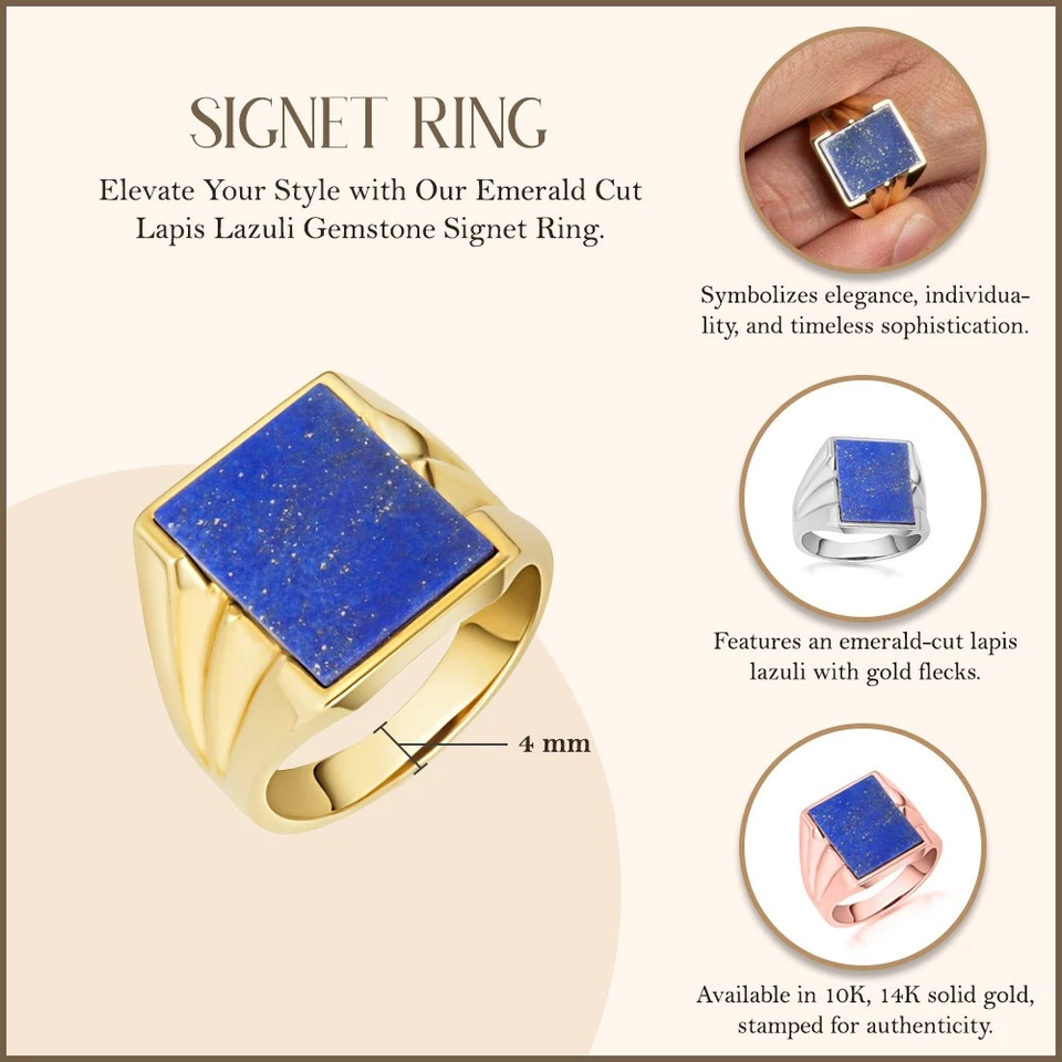 Anillo de sello de piedras preciosas de lapislázuli corte esmeralda dorado (amarillo/rosa/blanco) Foto 3 de 4