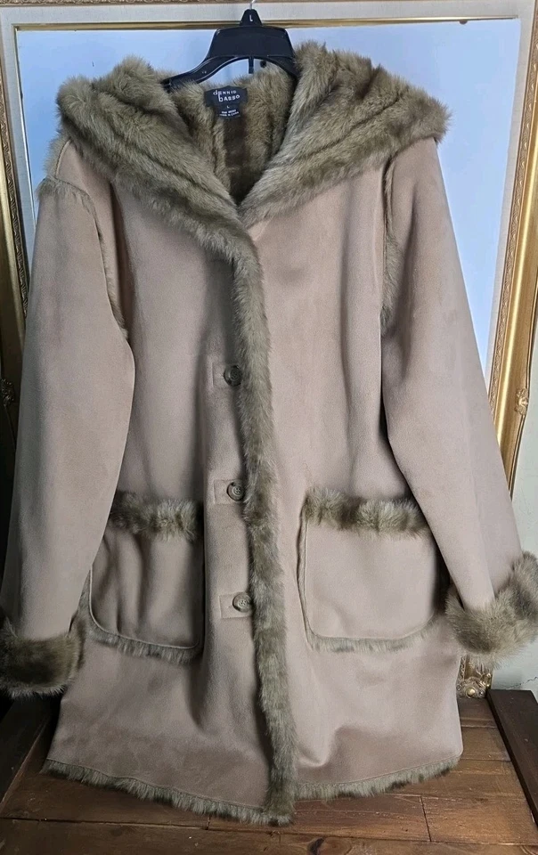 Abrigo Chaqueta Con Capucha De Gamuza De Colección Dennis Basso LG Para Mujer Marrón Piel Sintética  Foto 2 de 4