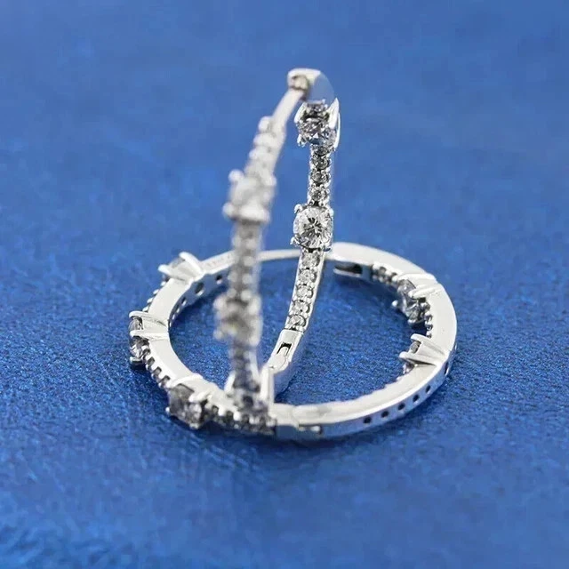 2Ct Round Cut Lab-Created Diamond Women's Hoop Earrings In 14k White Gold Plated - Image 2 of 4