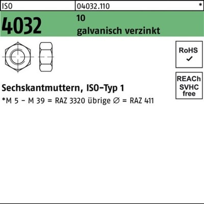100er PACK(Stk) BUFAB 004032101000180000 Sechskantmutter ISO 4032 M 18 10 galvan