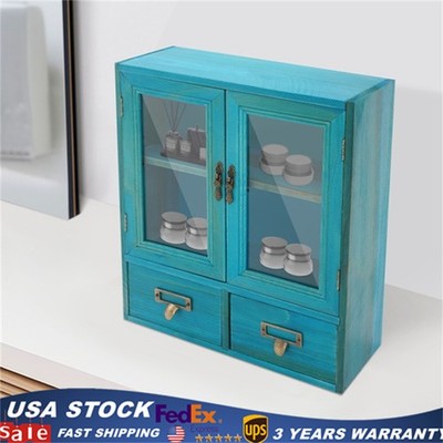 2-Tier Wood Storage Cabinet w/ 2 drawers Double Door Counter Top Storage Cabinet