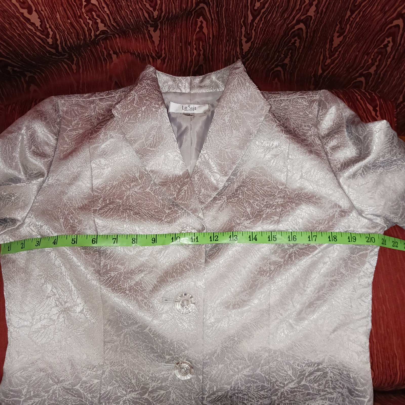 LE SUIT 2 Piece Size 12P Gray Shimmering Silver Collared Clear Button Skirt Set 