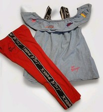 Betsey Johnson 2pc Girls 5 Denim Embroidered Patch Top Red Logo Stripe Pants VGC