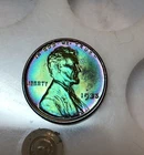 Lincoln Wheat Cent 1935 BU Monster rainbow TONED Rev Carbon Spot