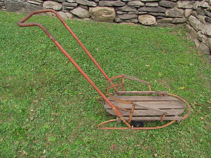 FABULOUS ANTIQUE FLEXIBLE FLYER SLED STROLLER COMBO RED YELLOW PAINT