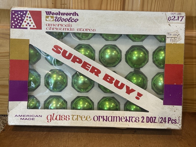 24 Vintage Green Mercury Glass Ornaments Boxed Set Woolworth Woolco NO TOPS