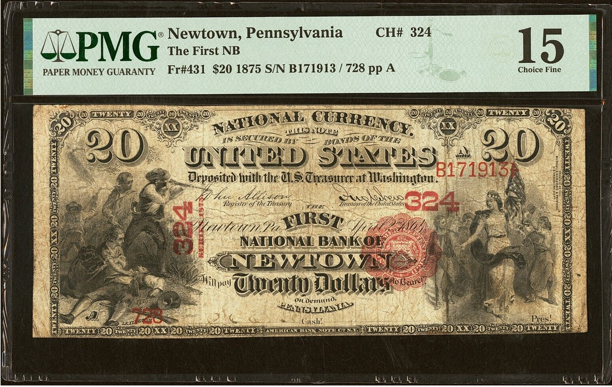 FR431 1875 $20 Bank Note PMG F15 First National Bank of Newtown PA 