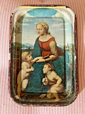 Vintage Religous Metal Tray Madonna &Child With Saint John The Baptist Raphael