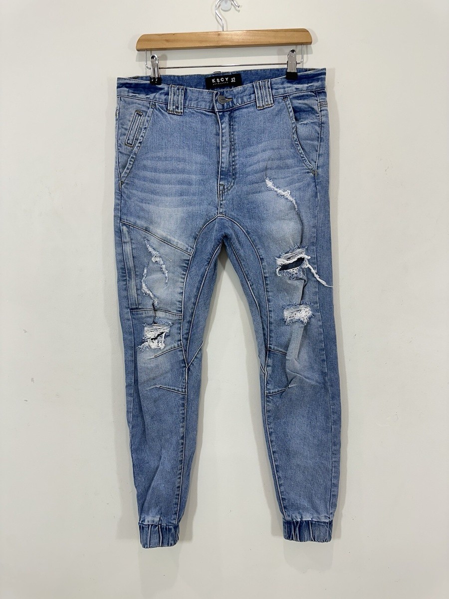 KSCY Jeans Men 32 (Actual 33x30) Blue Denim Drop Crotch Distressed