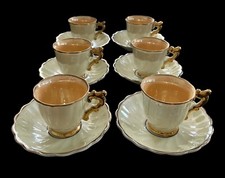 Set of 6 Vintage Tea Cup  Saucer Set Japan Lusterware Gold Demitasse Peach