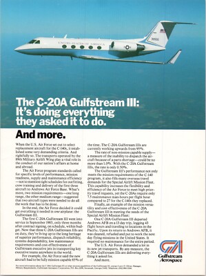 Gulfstream Aerospace C-20A Gulfstream III USAF Vintage Print Ad 1984