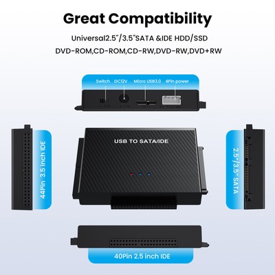 USB C to IDE/SATA Hard Drive Reader Adapter with Power Supply for HDD/SSD TDIk