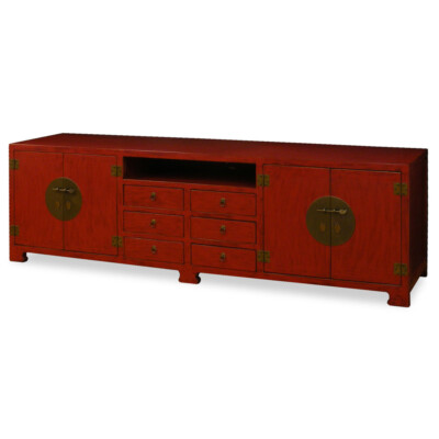 US Seller - Distressed Red Elmwood Chinese Cabinet - FREE White Glove Delivery