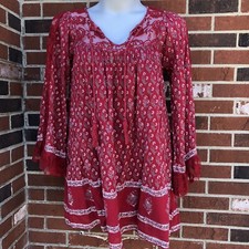 Free People Nomad womans Boho Floral Dress Red medium loose Fit Embroider