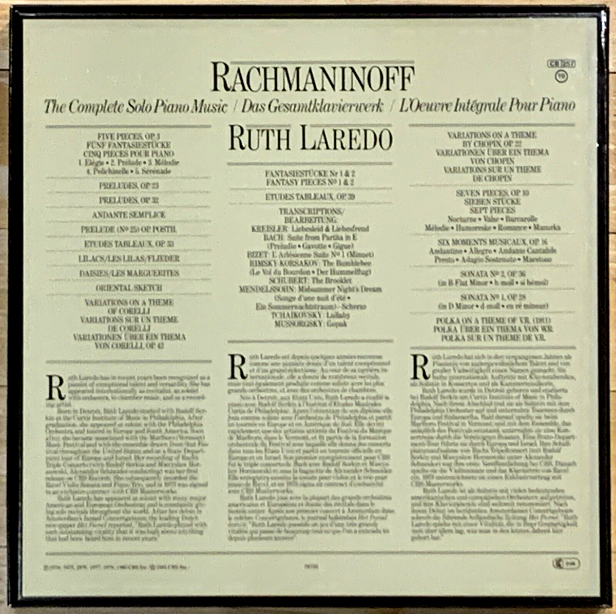 Rachmaninoff The Complete Solo Piano Music RUTH LAREDO CBS 7