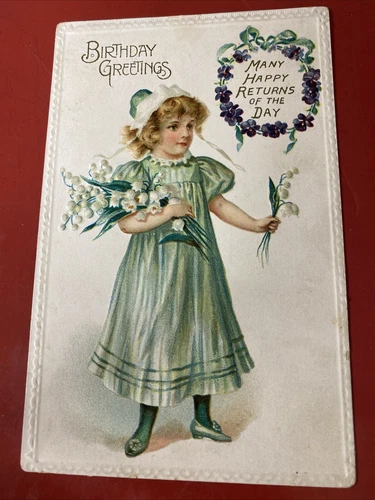 Gibson Birthday Series 107 Green Dress Lilly of The Valley vintage Postcard