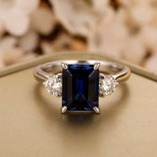2.50Ct Blue Sapphire Emerald Cut CZ Engagement Ring Solid 925 Sterling Silver
