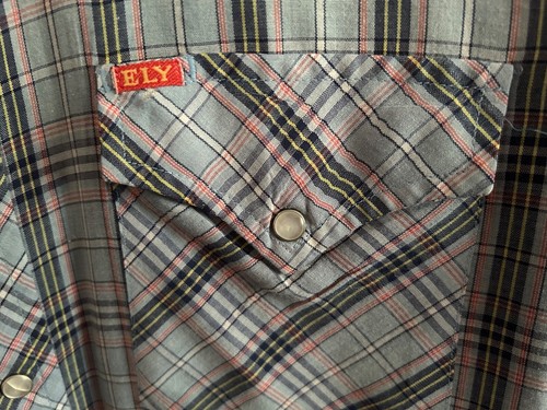 Two MENS ELY brand western cowboy shirts PEARL snaps BLUE BLACK PINK stripes GUC - Picture 4 of 14