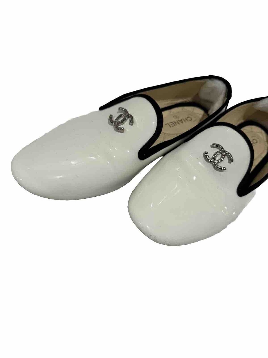 Chanel White Patent Leather Crystal Interlocking CC Logo Loafer