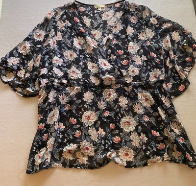 Loralette Blouse Top Womens 4X Black Floral Wrap V-Neck Short Sleeve Cinched