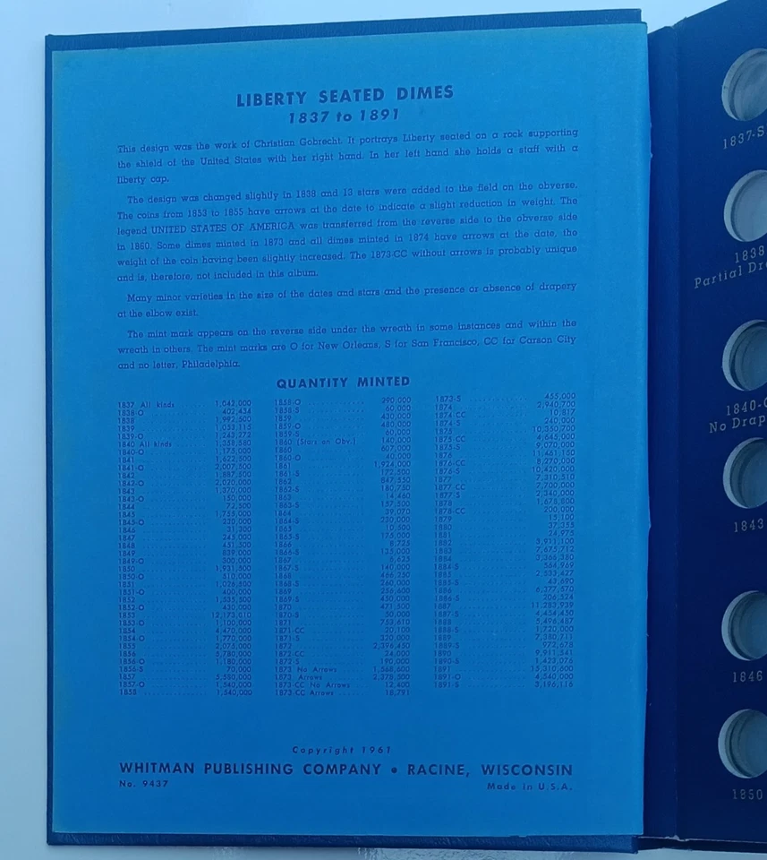Álbum de monedas de diez centavos de plata libertad sentada Whitman de colección 1837-1891 9437 estantería Foto 2 de 4