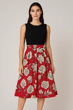 Closet London Dress Womens 12 Red Floral Pleated Retro Pinup Modest Cocktail