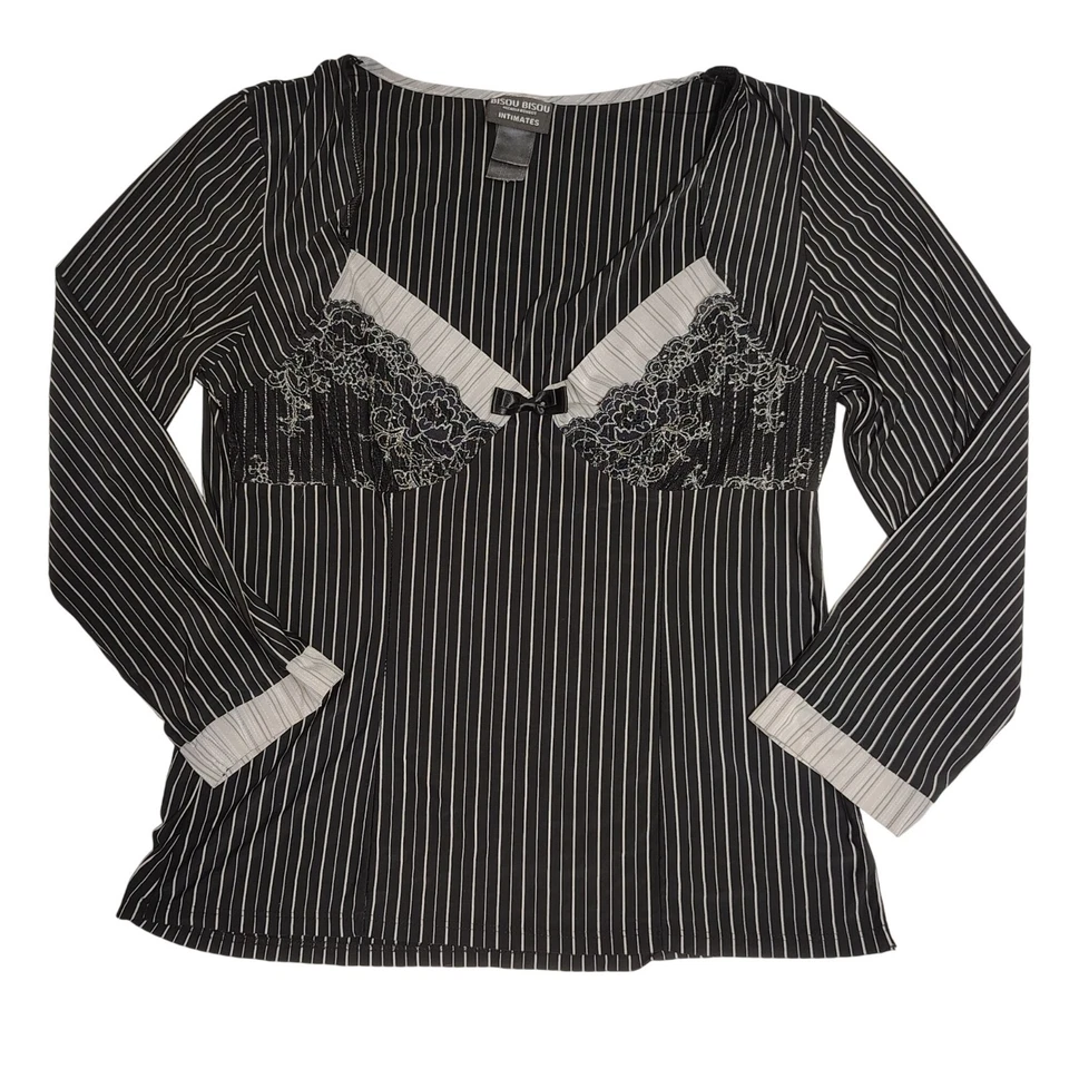 Bisou Bisou Striped Pajama Set Top Long Pants Small Women's Black White Lounge - Image 2 of 4