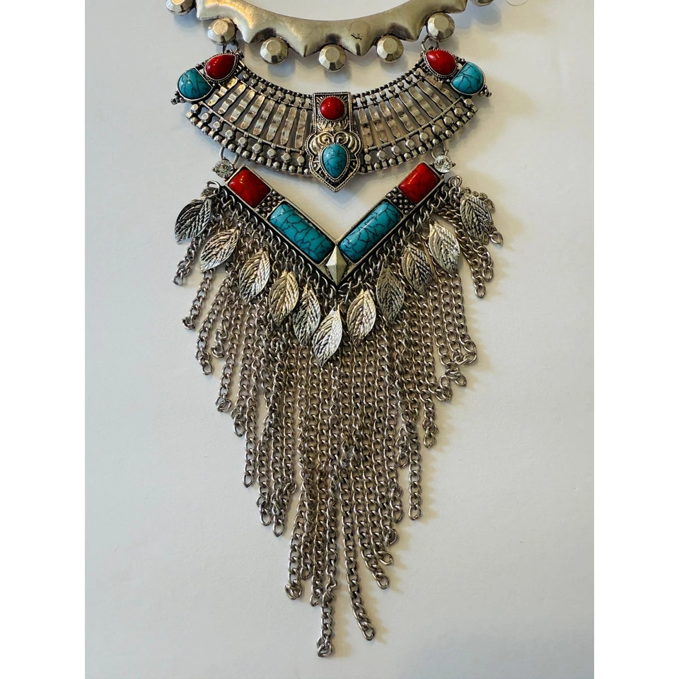 Collar Bohemio Tono Plata Distintivo Turquesa Rojo Gema Colgante Flecos Foto 2 de 4