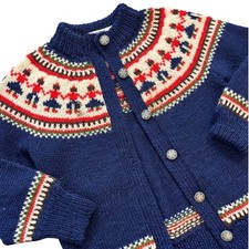 Norsk Handstrikkas Kids Hand Knitted Wool Cardigan Bergen Norway Blue Fair Isle