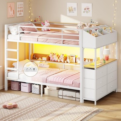 Twin Over Twin Bunk Bed with 6 Storage Drawers,Led Lights and Charging Station