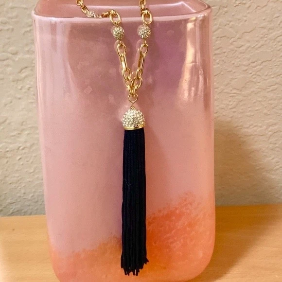 LILLY PULITZER NECKLACE NWT Midnight Tassel Gold  Crystal Pave Ball Chain - Image 3 of 4