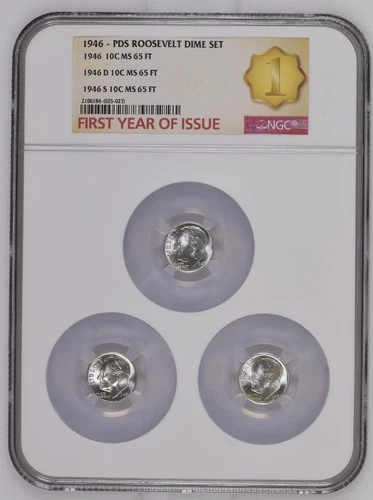 1946 PDS 10c Silver Roosevelt Dime Set - NGC MS 65 FT - Three Coin Holder!!