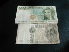 Italy 5000 & 1000 Lire Banknotes 1985