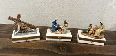 3 Limoges Trinket Boxes ~Life Of Christ Woman At Well, Example, Carries Cross