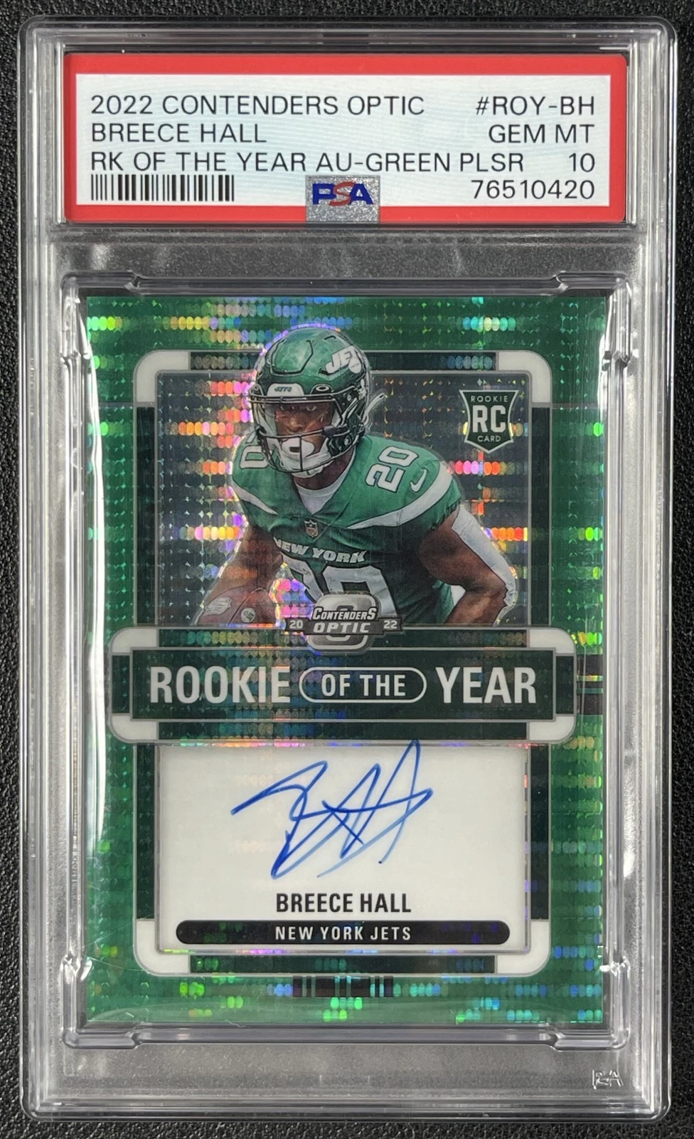 Breece Hall Panini Contenders Optic Rookie of the Year Contenders Autographs #ROYBH Green Pulsar