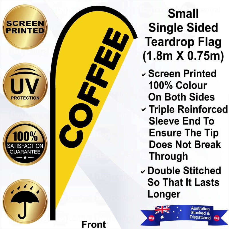 F - COFFEE Yellow 2.4m Teardrop Flag / Banner Kit with Pole Set, Steel Outdoor Cross Base and a Free Carry Bag - 1