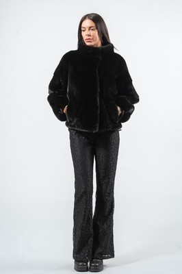 BLACKGLAMA Mink Fur Coat Short Jacket Black Genuine Real Skin Women's L Collar