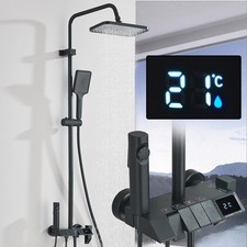 Black Exposed Shower Faucet Set LCD Rain Shower System Handle Spray w/Valve Kit