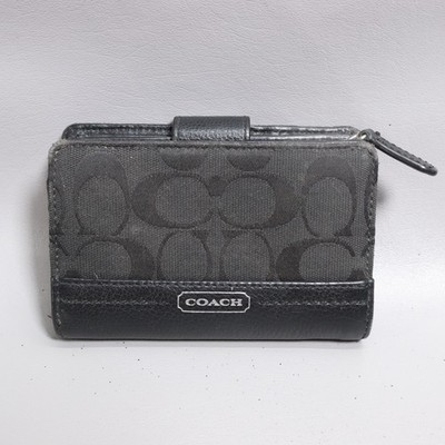 Coach Taylor Bifold Wallet M Black Sateen Signature Leather Trim ID Cards Coin