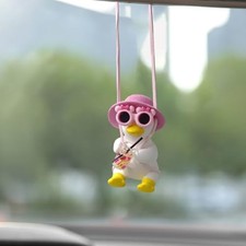 Cute Swinging Duck Car Ornament, Rear View Mirror Charm. Car Hanging Pink Hat