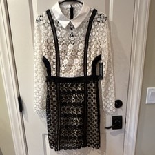 VENUS Women's Black/White Floral Lace Collared Long Sleeve Pencil Dress 4 Zip