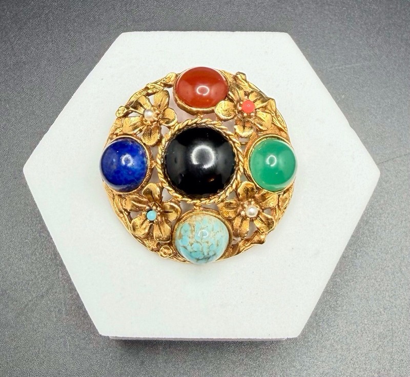 Vintage Colorful Polished Glass Stone Cabochons Domed Brooch Floral Gold Tone
