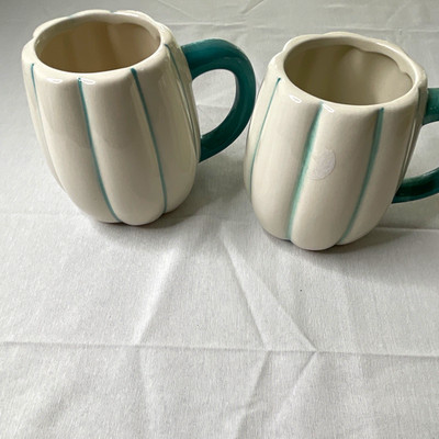 Royal Norfolk 2pc Ceramic 16oz Pumpkin Mugs White w/ Teal Handles