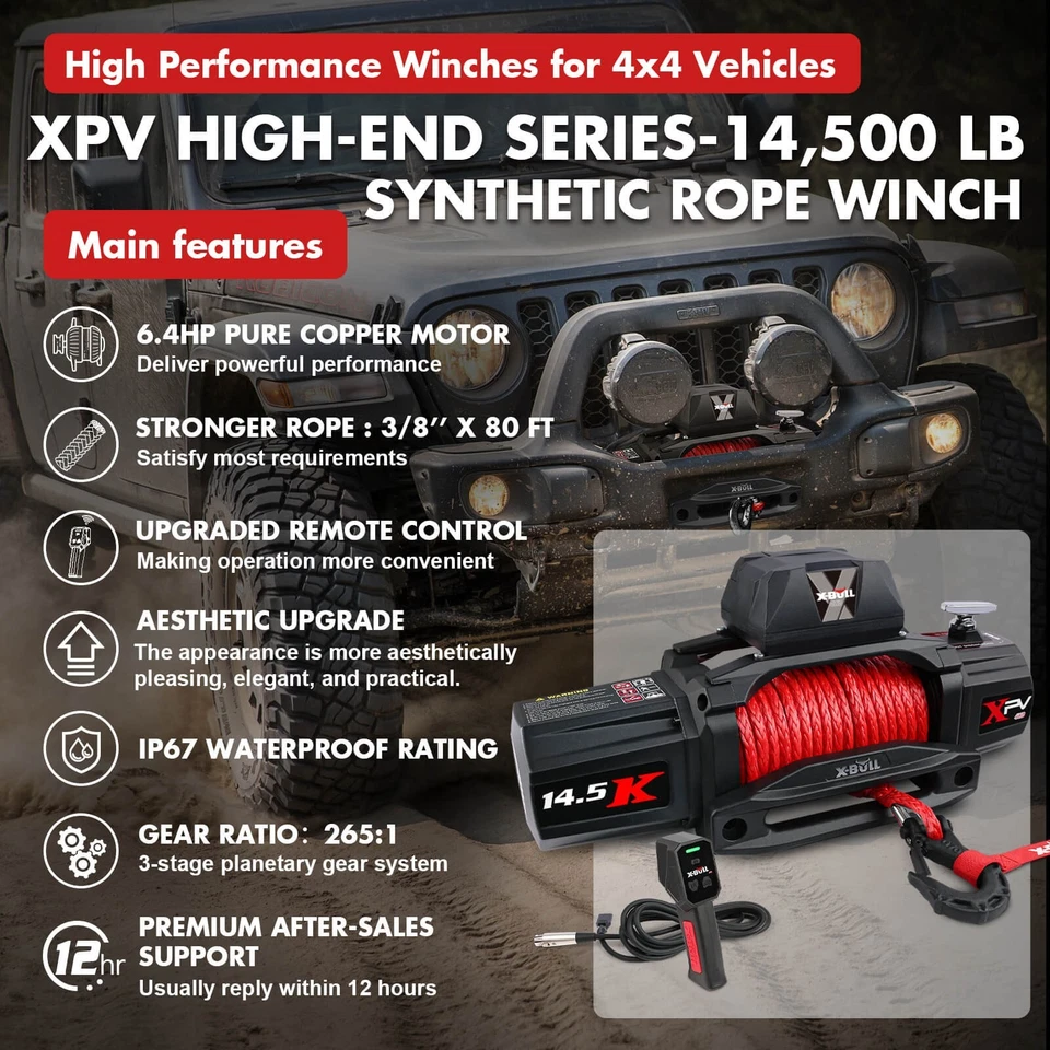 X-BULL Electric Winch 14500lb Synthetic Rope Trailer Truck Off-Road 4WD 4x4 Jeep - Image 2 of 4