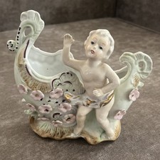 Vintage Porcelain Cherub Planter Floral Figurine Pastel Green Gold Accents