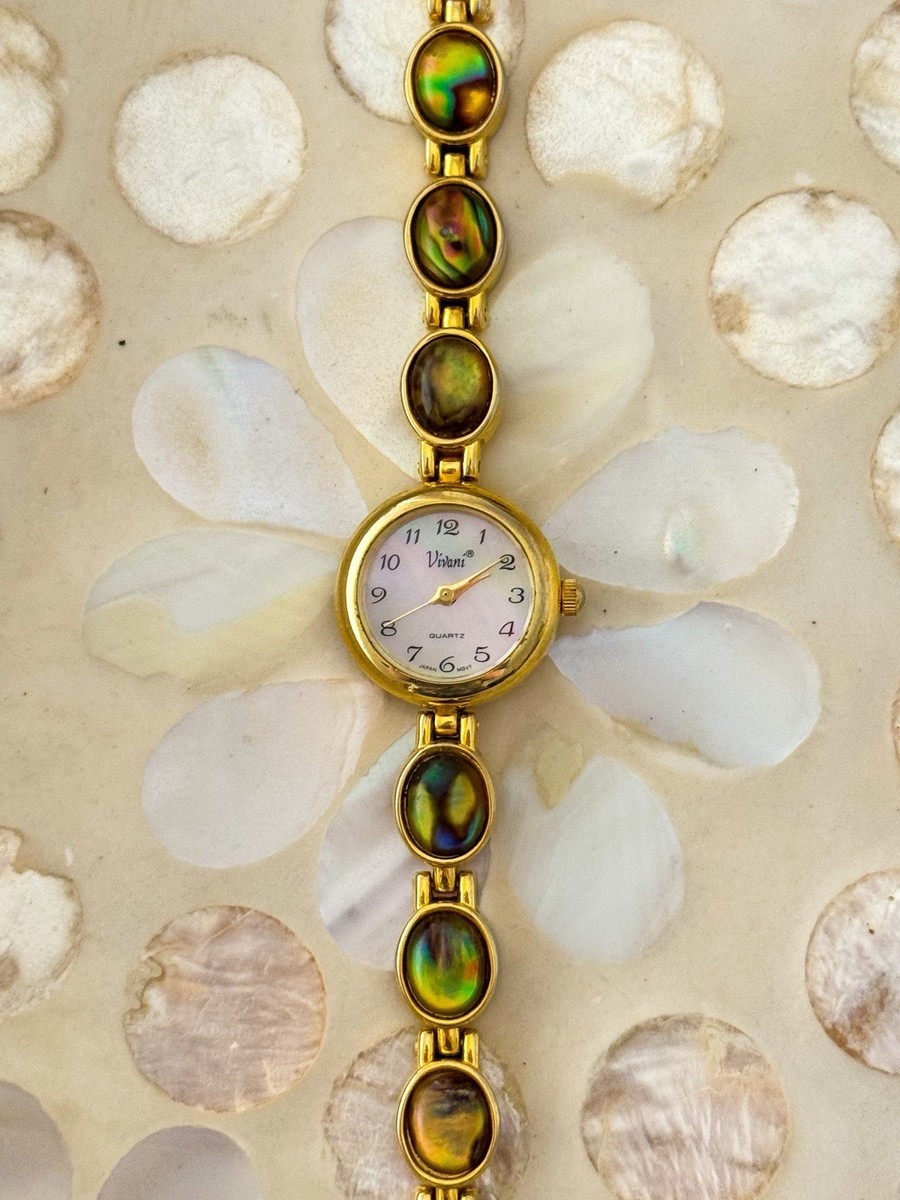 Women Vintage Gold Tone Vivani Watch With Natural Abalone 