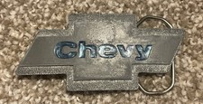 VINTAGE 1980 CHEVY BOWTIE LOGO ADVERTISEMENT BELT BUCKLE BLUE ENAMEL PEWTER